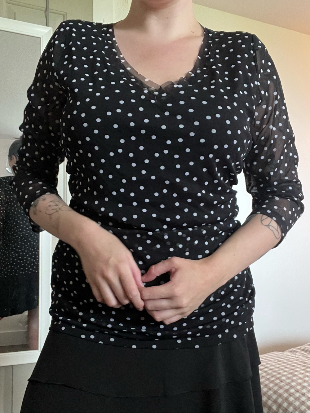 V-Neck Sheer Mesh 3/4 Sleeve Polka Dot Top